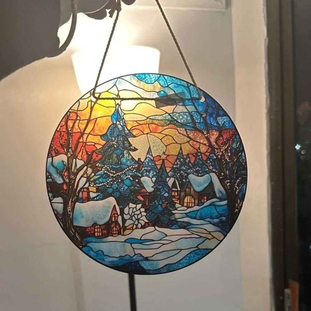 Stained Glass Style Winter Scene Acrylic Hanging Decor